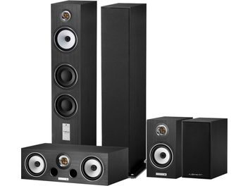 Комплект колонни високоговорители Triangle Antal EZ black ash, 5 черни високоговорителя с различни размери, изглед отпред