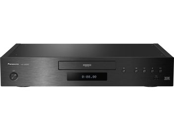 Panasonic DP-UB9000EG1 schwarzer 4K Blu-ray-Player, Frontansicht mit LED-Display, Tasten und Disc-Schacht