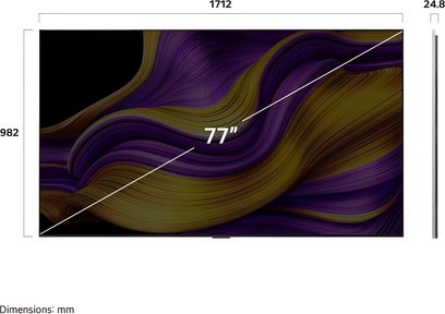 Televizor LG OLED77G5 cu ecran OLED 4K, culoare neagră, suprafață din sticlă și ramă metalică ultra-subțire, diagonală de 77 de inci, prezentat din față cu profil lateral ce evidențiază o grosime de 24,8 mm