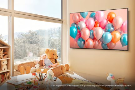 Grande televisore a schermo piatto, cornice nera sottile in metallo o plastica, vista di tre quarti, fissato a una parete beige e che mostra un’immagine di palloncini multicolori