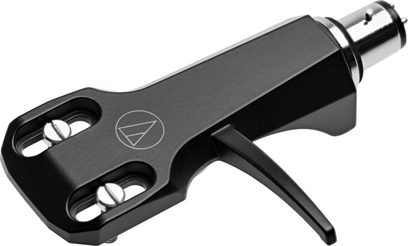 Sort Audio Technica-pickuphus med cirkulært logo og to monteringsskruer set ovenfra