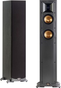 Klipsch RF-10 sort gulvhøjttaler, lukket og åben, set forfra, to gyldne højttalere synlige i den åbne højttaler