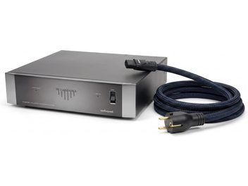 AudioQuest Niagara 3000 black power conditioner with coiled blue and black JAWS power cable