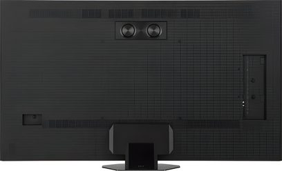 Hisense 75U8Q televízió, hátulról nézve, textúrázott fekete műanyag hátlap, oldalsó csatlakozópanel, középső állványzat