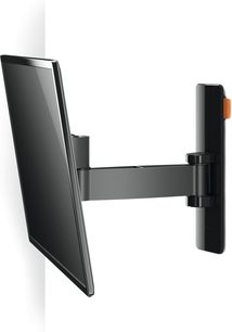 Vægmonteret sort TV-beslag, set forfra og fra siden, udfoldet drejeligt armsystem, rektangulært vægbeslag, mat finish