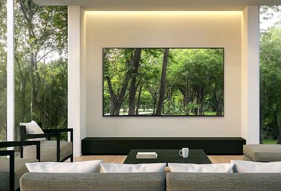 Samsung QE55Q70R-tv, der viser en skov, set forfra på et sort møbel med to grå sofaer foran