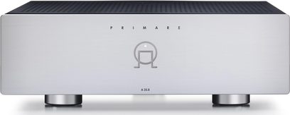 Wielokanałowy wzmacniacz mocy Primare A35.8 w kolorze srebrnym, obudowa ze szczotkowanego metalu, minimalistyczny panel przedni, czarne kratki