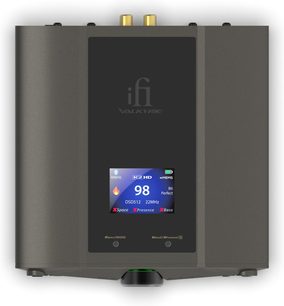 Convertidor de audio DAC iFi Audio iDSD Valkyrie negro, chasis metálico, pantalla central en color, rueda de volumen iluminada