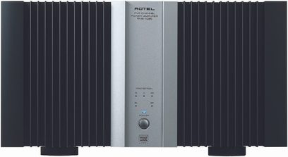 Amplificatore di potenza Rotel RMB-1095, vista frontale, pannello nero con griglia, pulsanti e indicatori argentati