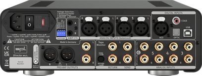 SPL Director Mk2 red stereo preamplifier rear view with XLR, RCA, USB, optical, coaxial connectors and power switch