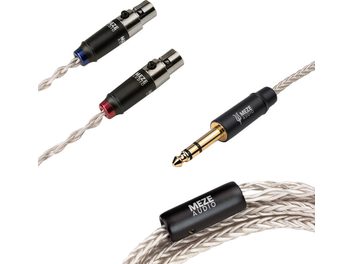 Meze Audio mini XLR į 6,3 mm kištuko garso kabeliai, sidabrinės ir juodos spalvos, su metaliniais kištukais ir smėlio spalvos pynute