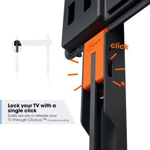 Vogel's TVM 3605 sort vægbeslag, set fra siden, med den orange "ClickLoc" låsemekanisme udfoldet