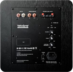 Subwoofer Velodyne Deep Blue 8 nero, vista frontale, con connettori, pulsanti e regolazioni sul pannello posteriore