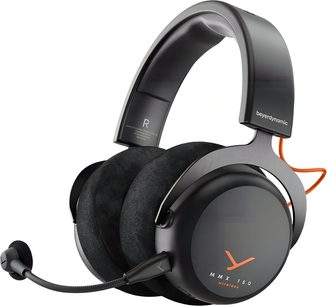Beyerdynamic MMX 150 WL Over‑Ear‑Kopfhörer in Schwarz, Kunststoff und Metall, Ohrpolster aus Stoff, flexibles Schwanenhalsmikrofon, orangefarbenes Kabel