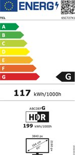 Energimærke for en TCL 65C727 TV i klasse G, med et forbrug på 117 kWh/1000h i HDR og 199 kWh/1000h i SDR, diagonal på 65 tommer