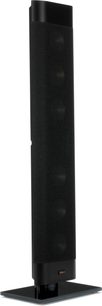 Черна тонколона Klipsch RP-640D, вертикален ултратънък формат с цялостна текстилна решетка и стойка за представяне