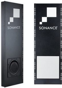 Sonance R12SUB incasso subwoofer, vista frontale e laterale, finitura nera, griglia quadrata bianca al centro