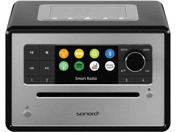 Radio Sonoro Smart Radio noir brillant et argent, vue de face, écran affichant icônes colorées sur fond noir