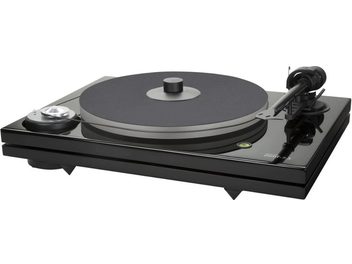 Tocadiscos Music Hall MMF 7.3 negro, vista superior, brazo de lectura, plato giratorio, botones de control, acabado negro brillante