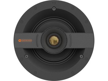 Indbygningshøjttaler Monitor Audio C1S cirkulær, centralt placeret guldfarvet diskanthøjttaler, sorte koncentriske perforerede gitre
