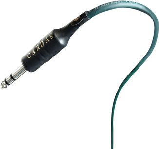 Cardas Parsec Headphone-Kabel 2m, männlich-männlich, grüne Ummantelung, schwarze Stecker, Seitenansicht auf weißem Hintergrund