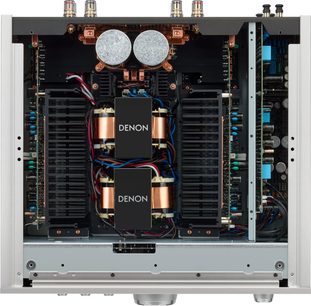 Integrert stereo hi-fi forsterker Denon PMA-3000NE sølv, innvendig visning, elektroniske komponenter, kretskort, fargerik kabling