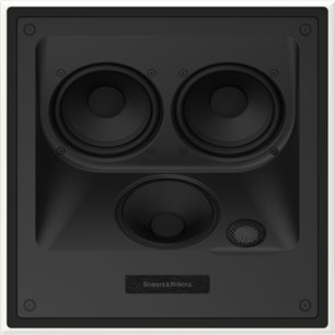Bowers & Wilkins CCM7.3 S2 siyah duvar içi hoparlör, ön görünüm, 2 yuvarlak hoparlör, merkezde tweeter, metal ızgara