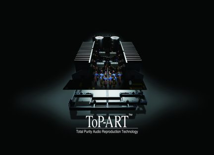 Hi-fi audio technologie ToP-ART stereo zesilovač vnitřní pohled symetrické obvody kondenzátory a chladiče