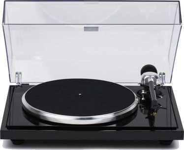 Hi-fi pladespiller EAT European Audio Team B-Sharp sort, set forfra, gennemsigtigt låg løftet, sort cirkulær pladetallerken, tonearm til højre