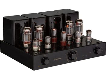 Ampli hi-fi с лампи Puresound A30-R черен, преден изглед, 8 вакуумни лампи подредени отгоре, бутони и гнезда на предната страна