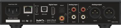 Lecteur audio réseau Matrix Audio mini‑i Pro 4 noir en boîtier métallique, vue arrière, panneau complet avec prise IEC, port RJ45, USB‑C, USB‑B, HDMI ARC, entrée optique, coaxiale, paires RCA entrée/sortie et deux sorties XLR équilibrées