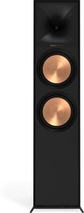 Klipsch R-800F siyah kolon hoparlör, ön görünüm, mat siyah ön panel üzerinde iki bakır renkli yuvarlak hoparlör