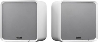 Pair of white EverSolo SE-100 speakers with rounded corners and gray grilles, shown in a three-quarter view