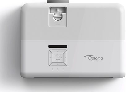 Optoma UHD52ALV hvid videoprojektor set forfra, med linse, knapper og logo på toppen