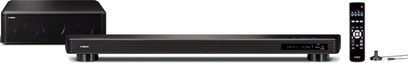 Schwarze Yamaha YSP-2200 Soundbar, Frontansicht, mit Subwoofer und Fernbedienung