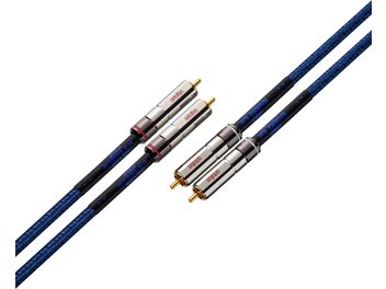 RCA analoogheli kaabel Reference Blue RCA 1,5m, 2 sinist punutud kaablit kuldsete metallist pistikutega ja siniste kirjete.