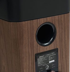 Knihovní reproduktor Elipson Legacy 3210 ořech, černý kruhový reproduktor v dřevěném těle, identifikační štítek