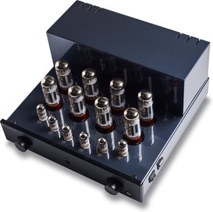 PrimaLuna Evo 400 sort integreret hi-fi rørforstærker, set oppefra, 12 rør på sort chassis, knapper og stik på bagsiden