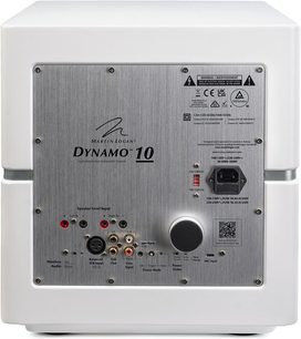 Subwoofer Dynamo 10 blanco lacado, vista trasera, panel metálico rectangular con conectores, botones e inscripciones