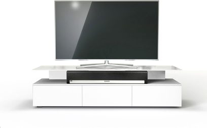 Lesklý bílý TV stolek Just By Spectral JRM1650-SNG, nízký korpus se 3 zásuvkami, nástěnný držák, čistý moderní styl