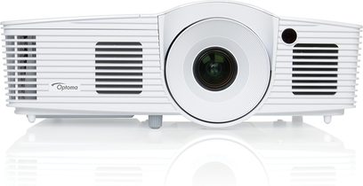 Optoma HD26 hvid videoprojektor, front med linse, ventilationshuller, knapper, set forfra