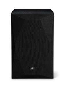Enceinte bibliothèque Mofi Electronics SourcePoint 8 noire, vue de face, avec grille en tissu et façade angulaire