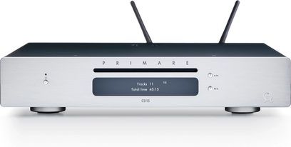 Leitor de CD Primare CD15 Prisma prata, vista frontal, visor digital, botões de controle, antena Wi-Fi estendida