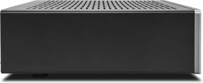 Cambridge Audio AX-R100 stereo hi-fi forstærker i sølv, set forfra, rektangulært sort kabinet med metalrist på toppen