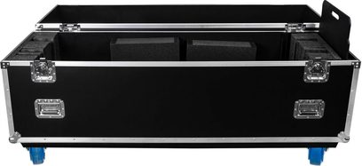 Sort Power Acoustics Flight-flightcase til to 65-skærme, åben, med sølvfarvede forstærkninger og blå hjul