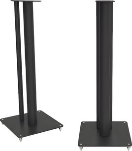 Q Acoustics 3000FSi sort højttaler, to sorte lodrette fødder på sorte firkantede sokler, set forfra