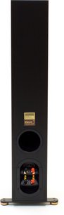 Sort Klipsch RF-42 MkII gulvhøjttaler, set forfra, med to runde højttalere og en diskant, på lyse træben