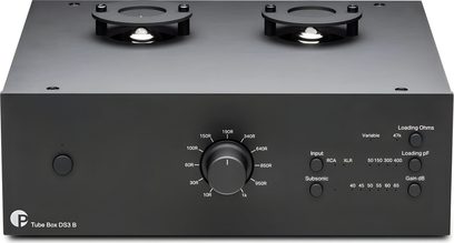 Phono předzesilovač Pro-Ject Tube Box DS3 B černý s viditelnými elektronkami, velkým čelním voličem a ovládacími tlačítky
