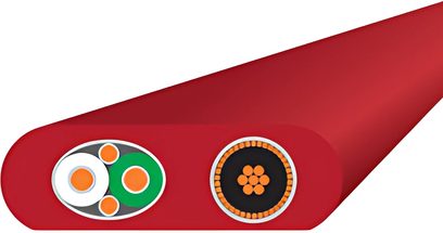 Rødt kabel med to cirkulære sektioner, den ene viser koncentriske orange og hvide cirkler, den anden orange sekskanter på sort baggrund