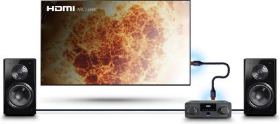 Ampli hi-fi стерео SVS Prime Wireless Pro SoundBase черен, две черни колонки, HDMI кабел, изображение на пламъци на екрана